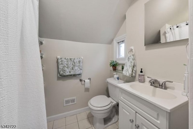 full bathroom with lofted ceiling, toilet, vanity, visible vents, and tile patterned floors