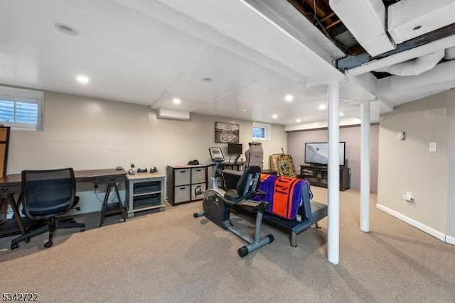 workout room with carpet, baseboards, and recessed lighting