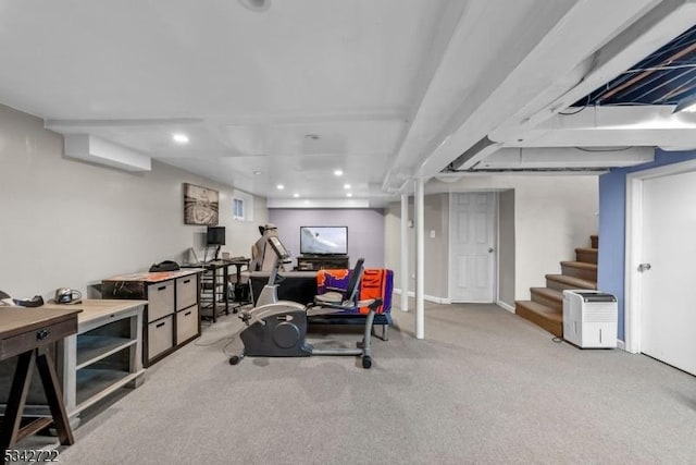 workout area with baseboards, carpet, and recessed lighting