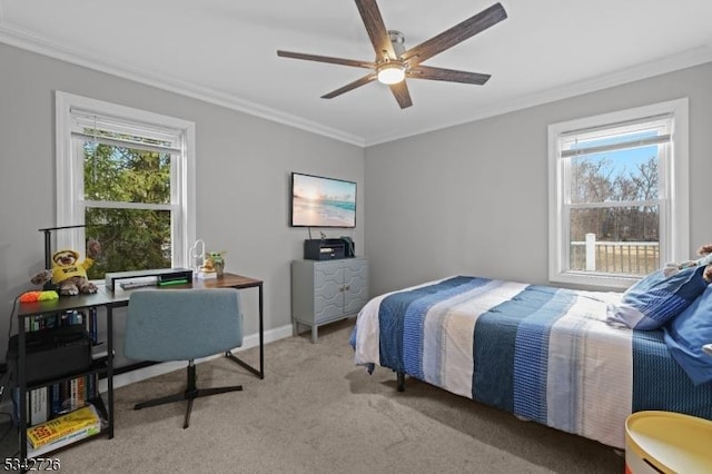 bedroom with carpet, multiple windows, and crown molding