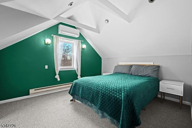 bedroom featuring a baseboard heating unit, vaulted ceiling, a wall mounted air conditioner, and carpet flooring