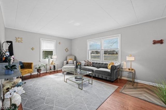 living room featuring crown molding, wood finished floors, and baseboards