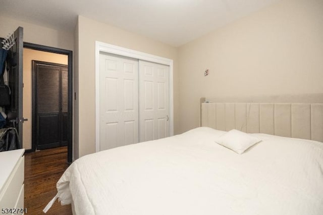 bedroom featuring dark wood finished floors and a closet