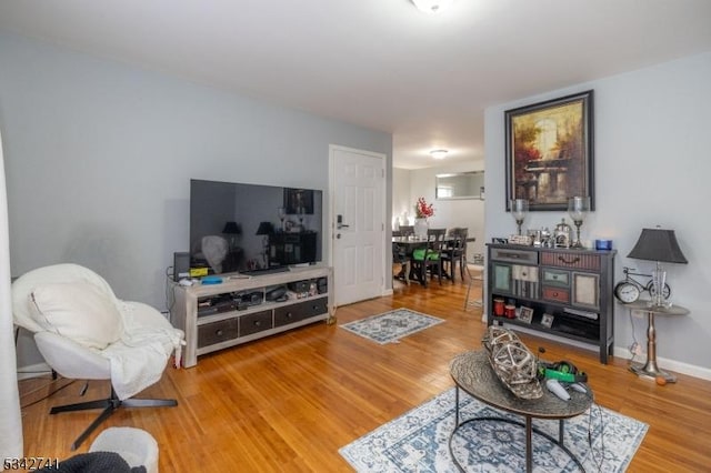 living room with baseboards and wood finished floors