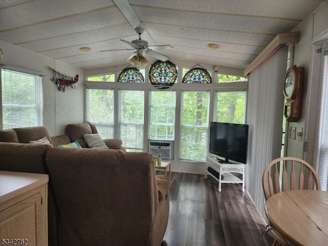 living room with dark wood-style floors, ceiling fan, vaulted ceiling, and cooling unit