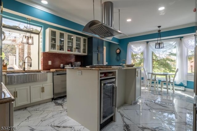 kitchen featuring wine cooler, island range hood, a sink, marble finish floor, and stainless steel dishwasher