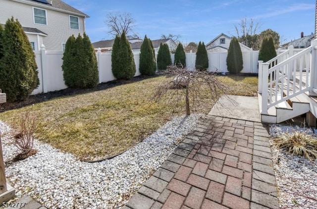 view of yard featuring a patio area and a fenced backyard