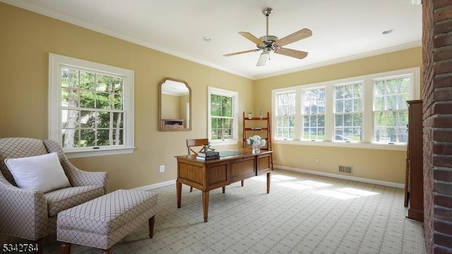 office space featuring baseboards, ceiling fan, plenty of natural light, carpet floors, and ornamental molding