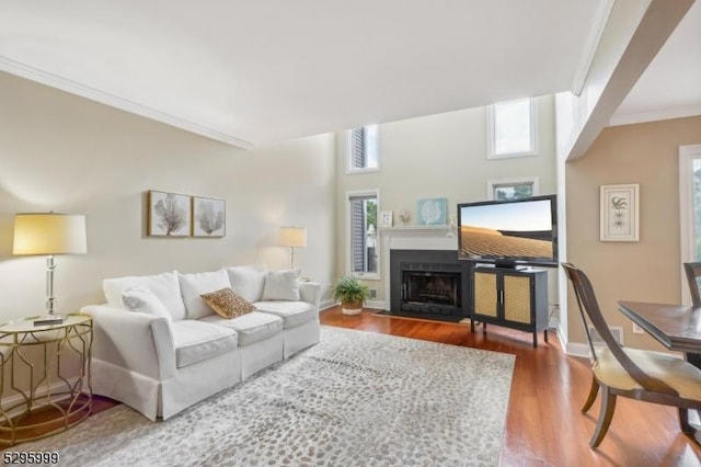 living area with baseboards, wood finished floors, ornamental molding, and a fireplace with flush hearth