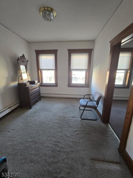 living area featuring a baseboard heating unit, baseboards, and carpet flooring