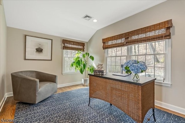 office area with visible vents, wood finished floors, recessed lighting, baseboards, and lofted ceiling