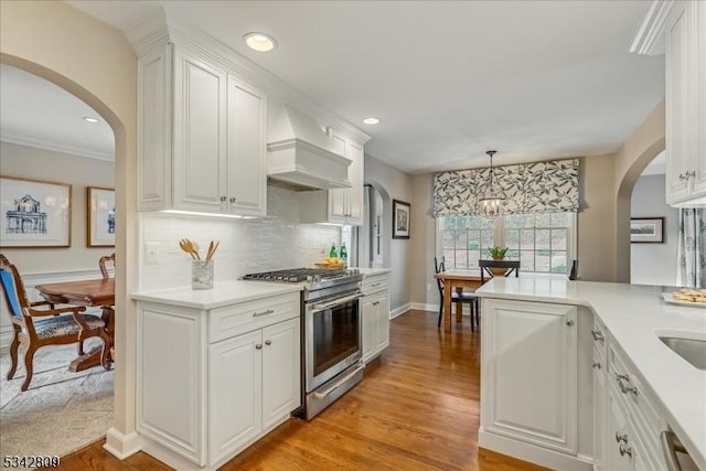 kitchen with white cabinetry, high end stove, custom exhaust hood, and light countertops