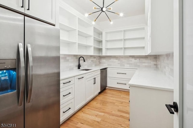 28 Old Forge Dr, Warren Twp, NJ 07059 - kitchen featuring stainless steel appliances, open shelves, a sink, backsplash, and white cabinetry
