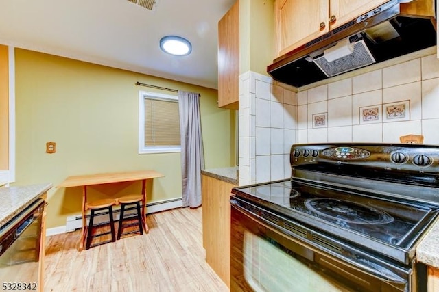 kitchen featuring tasteful backsplash, a baseboard radiator, electric range, under cabinet range hood, and dishwashing machine