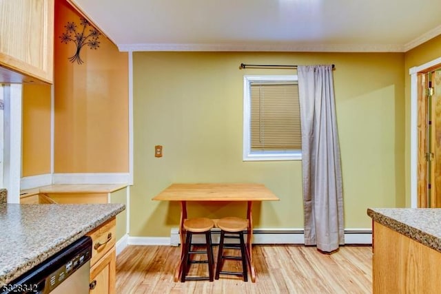 kitchen with light wood-style floors, baseboards, ornamental molding, and dishwasher