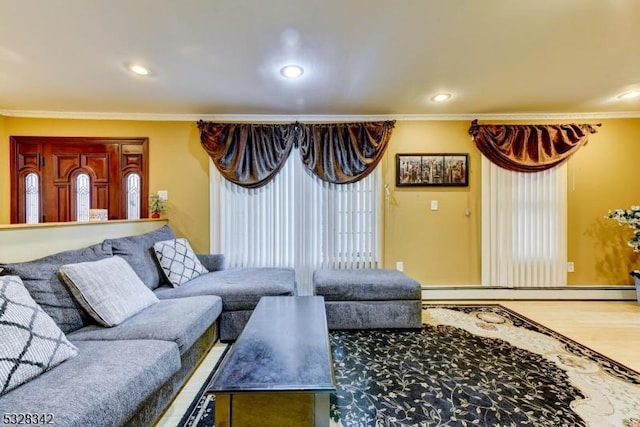 living area with recessed lighting, crown molding, and wood finished floors