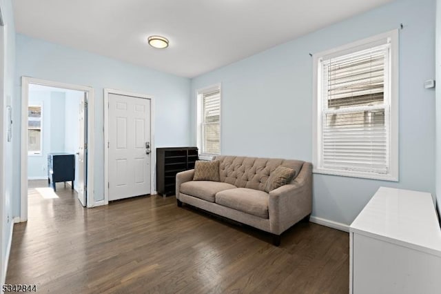 living area with baseboards and dark wood-type flooring