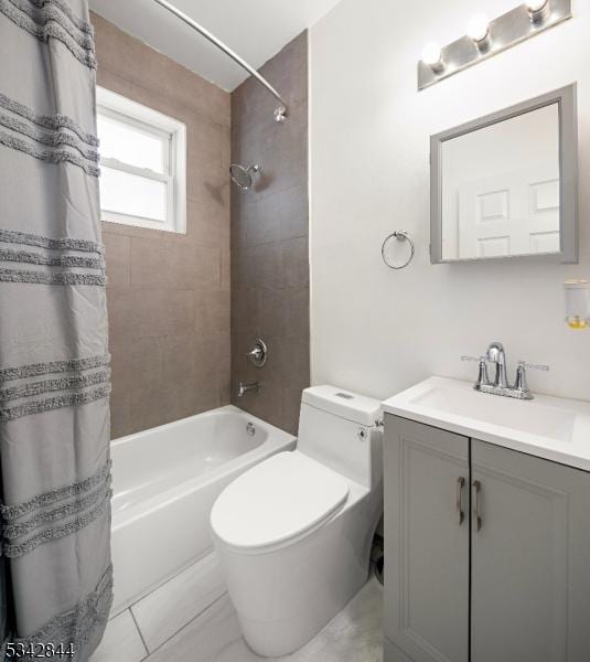 full bath with toilet, vanity, and shower / bath combination with curtain