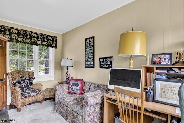 living area with crown molding