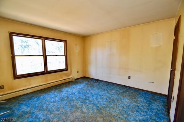 unfurnished room with dark colored carpet and baseboard heating