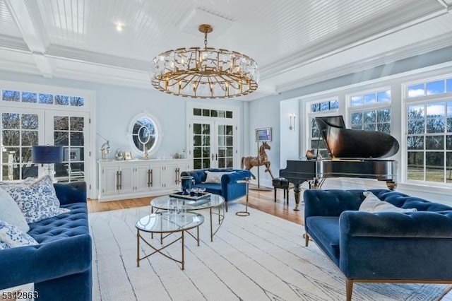 living area with crown molding, beamed ceiling, french doors, wood finished floors, and coffered ceiling