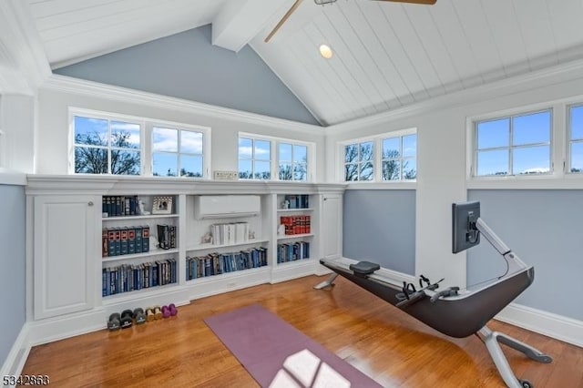 exercise area featuring wood finished floors, baseboards, and high vaulted ceiling