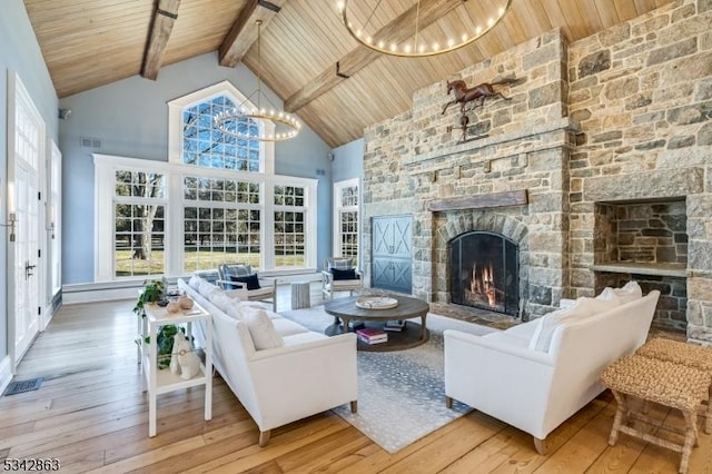 interior space featuring a fireplace, wooden ceiling, a notable chandelier, and a healthy amount of sunlight