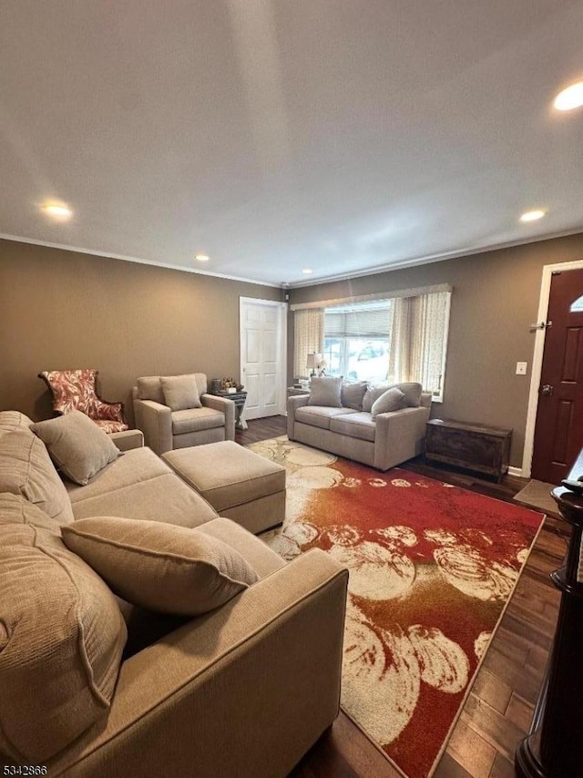 living area with wood finished floors, recessed lighting, and baseboards