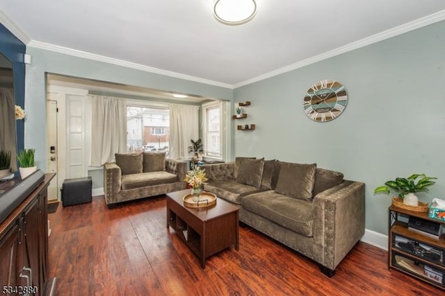 living area featuring baseboards, dark wood finished floors, and crown molding