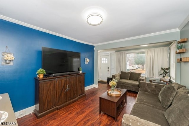 living room featuring baseboards, ornamental molding, and dark wood finished floors