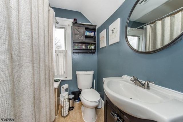 full bath with vanity, vaulted ceiling, and toilet