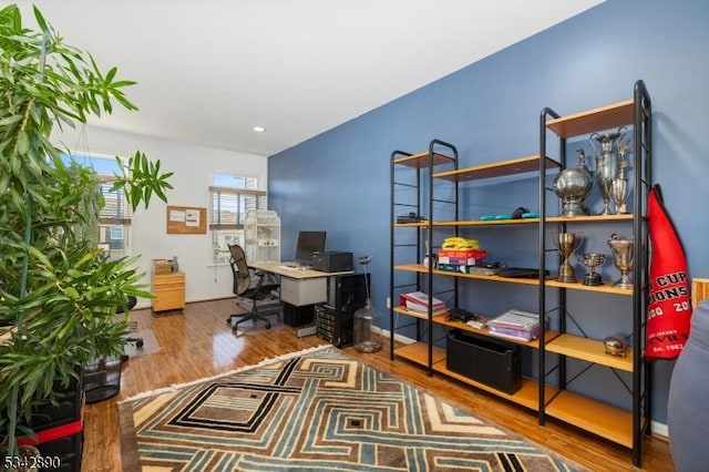 office featuring wood finished floors and baseboards