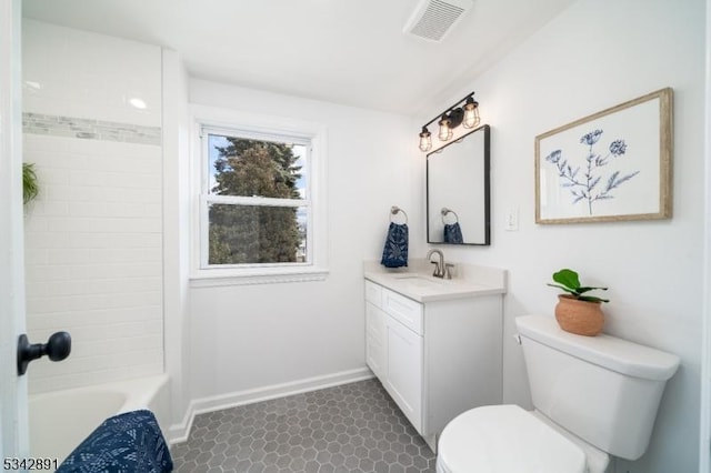 full bathroom with vanity, toilet, baseboards, and visible vents