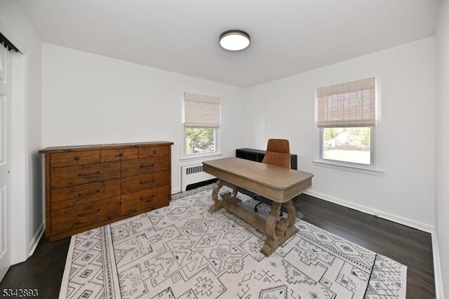 office space featuring radiator heating unit, wood finished floors, and baseboards