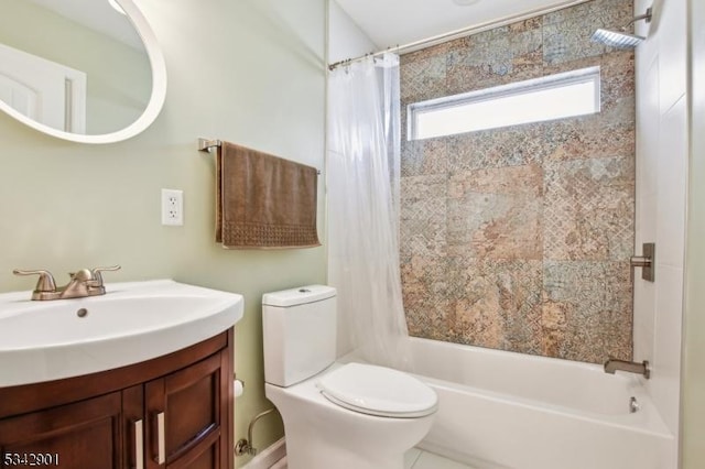 bathroom with shower / bath combination with curtain, toilet, and vanity