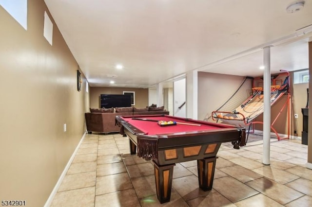 game room with light tile patterned flooring, recessed lighting, billiards, and baseboards