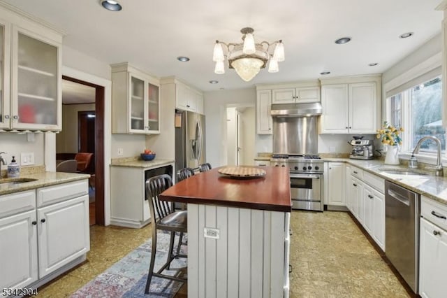 kitchen with a sink, a kitchen island, under cabinet range hood, and stainless steel appliances