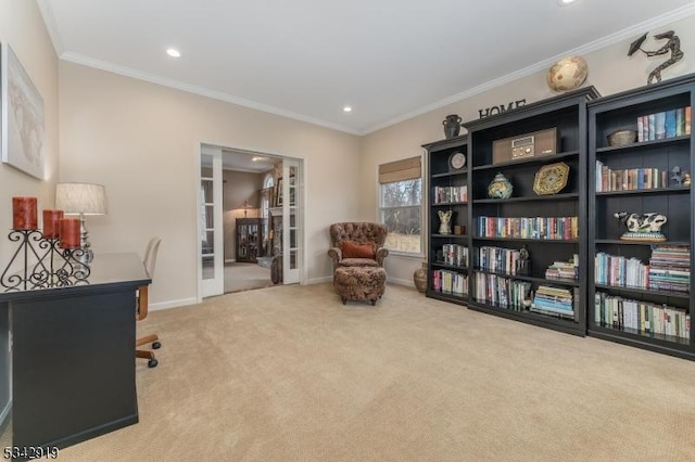 home office with ornamental molding, recessed lighting, french doors, carpet, and baseboards