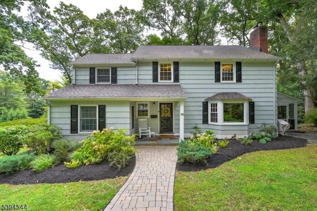 view of front of home featuring a shingled roof and a chimney