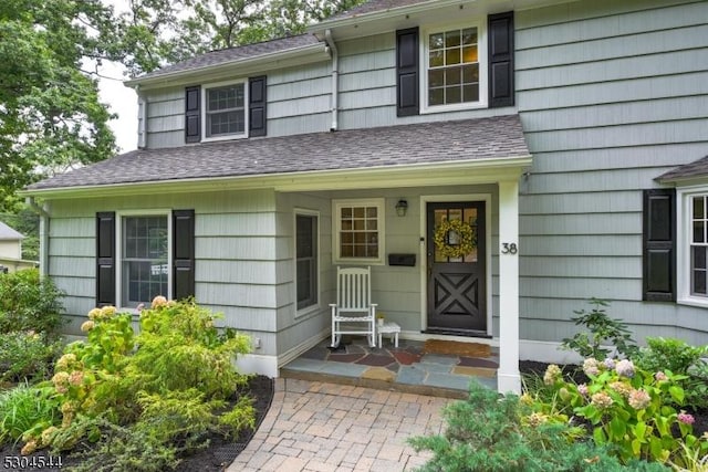 doorway to property featuring roof with shingles