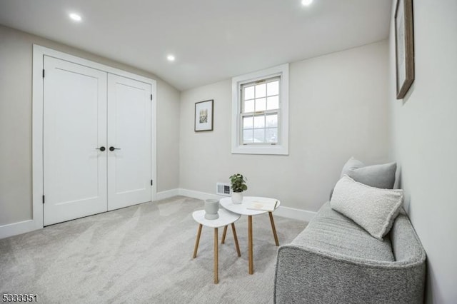 sitting room featuring recessed lighting, visible vents, light colored carpet, and baseboards