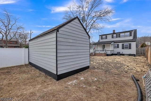 view of shed with a fenced backyard