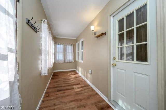 doorway with baseboards and wood finished floors