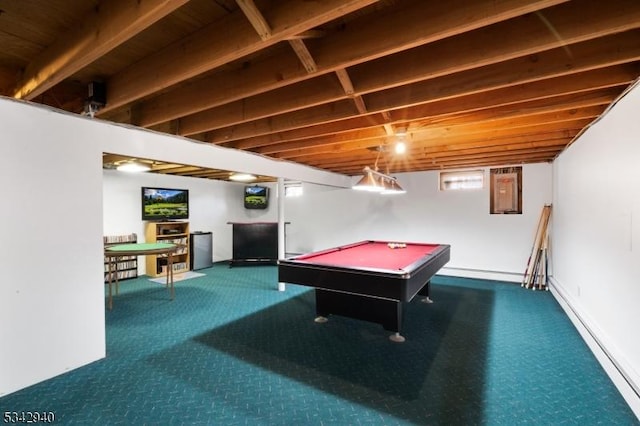 playroom with carpet flooring, pool table, and a baseboard radiator