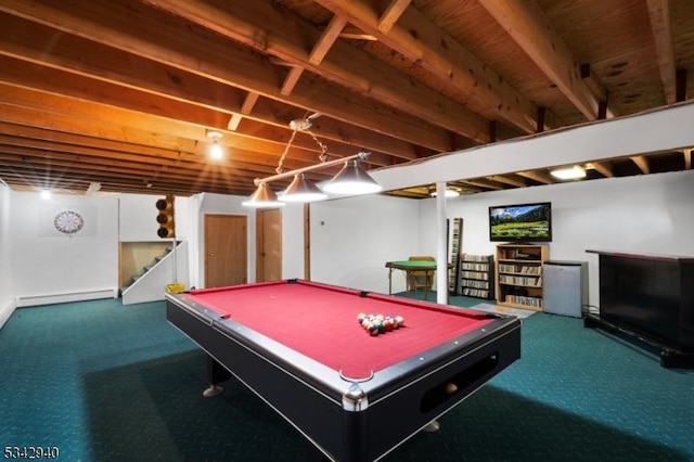 playroom featuring pool table, carpet, and baseboard heating