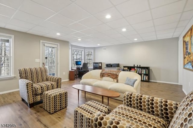 living area featuring a drop ceiling, baseboards, and wood finished floors