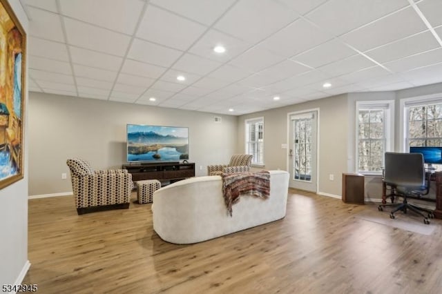 living area featuring a drop ceiling, baseboards, and wood finished floors