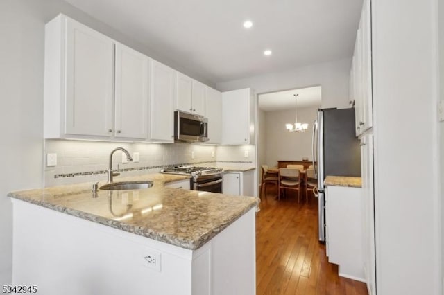 kitchen with backsplash, appliances with stainless steel finishes, a peninsula, white cabinets, and a sink