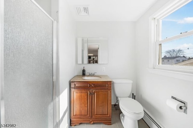 bathroom with tile patterned flooring, visible vents, a baseboard heating unit, toilet, and vanity