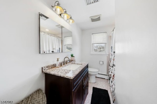 full bath featuring visible vents, toilet, vanity, and a baseboard radiator